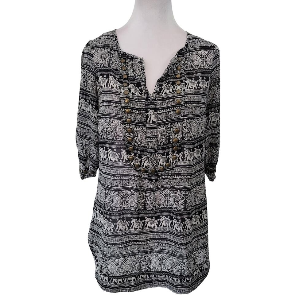 Angie Size L Black White Elephant Print Sheer Blouse‎ with Brass Detail